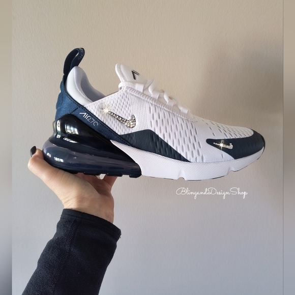 Bling Nikes Air Max 270 Sneakers Shoes with Clear Crystals Womens White Teal - Picture 1 of 9